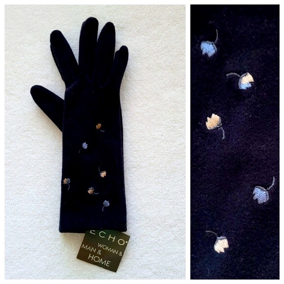Echo Accessories - ECHO | Vintage Embroidered Floral Gloves NEW Ladies Small Black